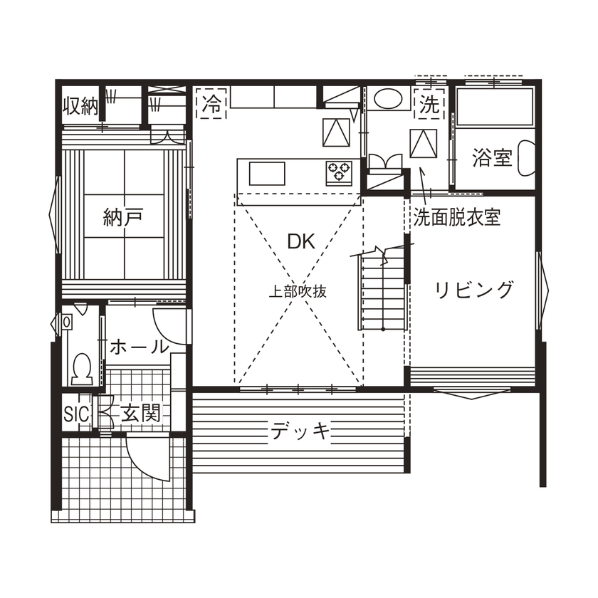 サンワ設計 開放感がある吹抜けとスムーズな家事動線が魅力の家の間取り図（4LDK）１階