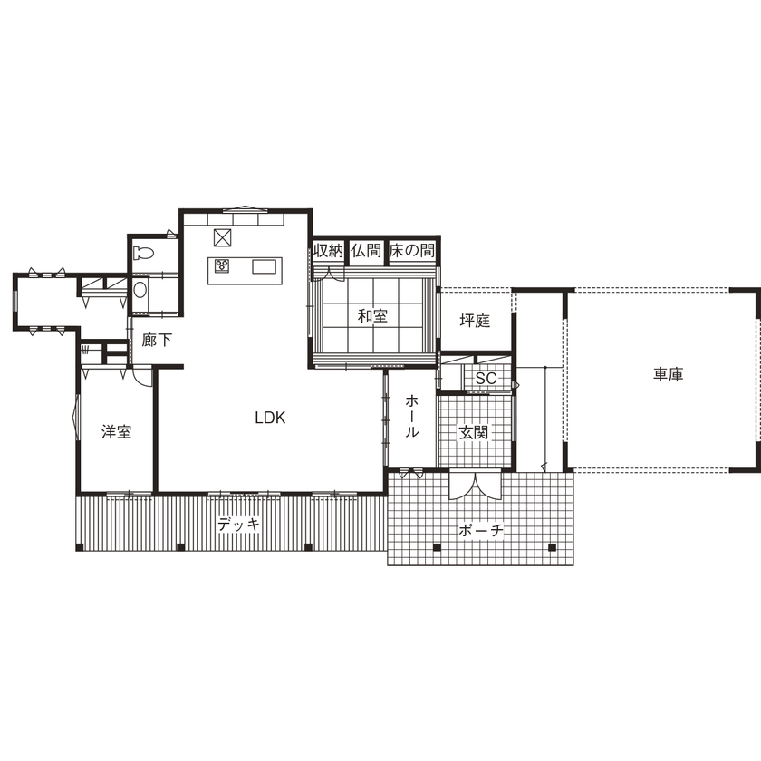 サンワ設計 非日常を味わう平屋　本物志向の大人の住まいの間取り図（2LDK）１階