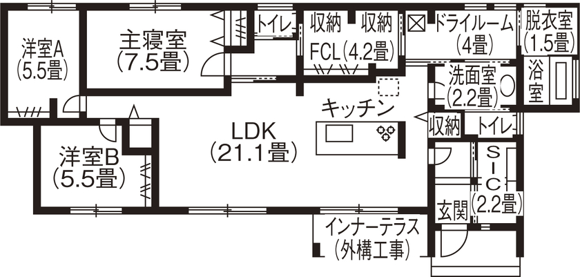 サンワ設計 ぬくもりに包まれるナチュラルモダンな平屋の間取り図（3LDK）1階