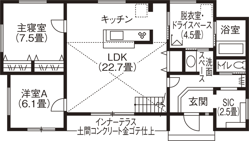 サンワ設計 空間を生かしたアメリカンヴィンテージ風ガレージの家の間取り図（4LDK）1階