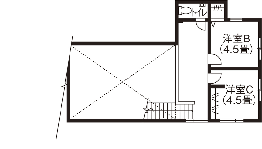 サンワ設計 空間を生かしたアメリカンヴィンテージ風ガレージの家の間取り図（4LDK）2階