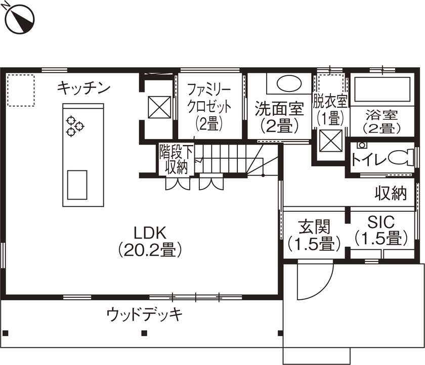 サンワ設計 カバードポーチのあるカリフォルニアテイストの家の間取り図（4LDK）1階