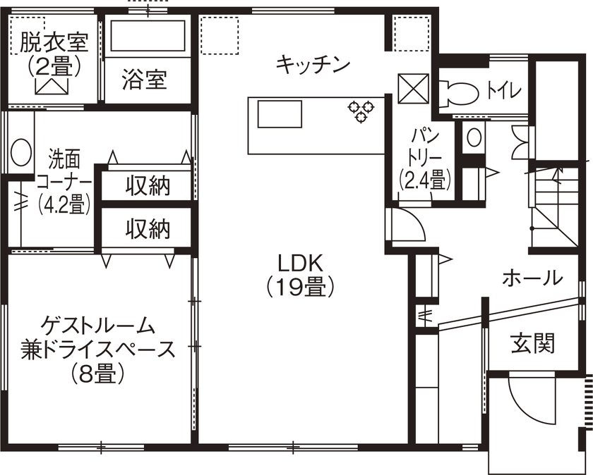 サンワ設計 ダークグレーの塗り壁が目を惹く和モダンな家の間取り図（3LDK）1階