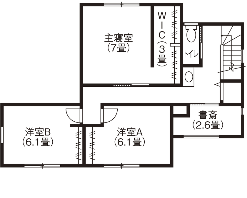 サンワ設計 ダークグレーの塗り壁が目を惹く和モダンな家の間取り図（3LDK）2階