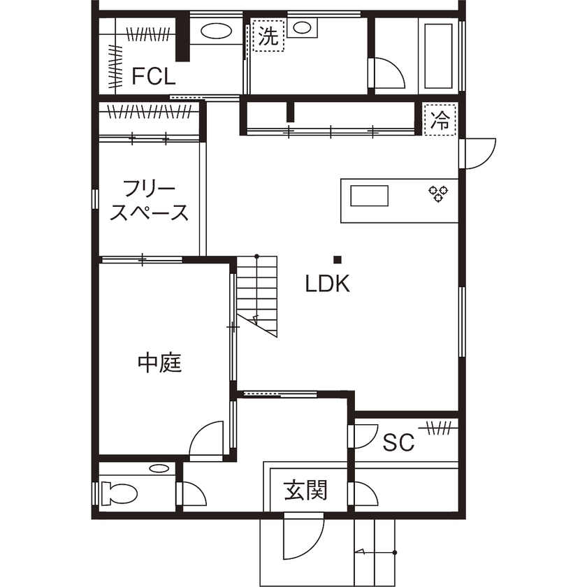 家工房 【2800万円／41坪】中庭に面した開放的な空間と、充実しすぎる収納でデザインと機能性を両立した住まいの間取り図（2LDK）1階