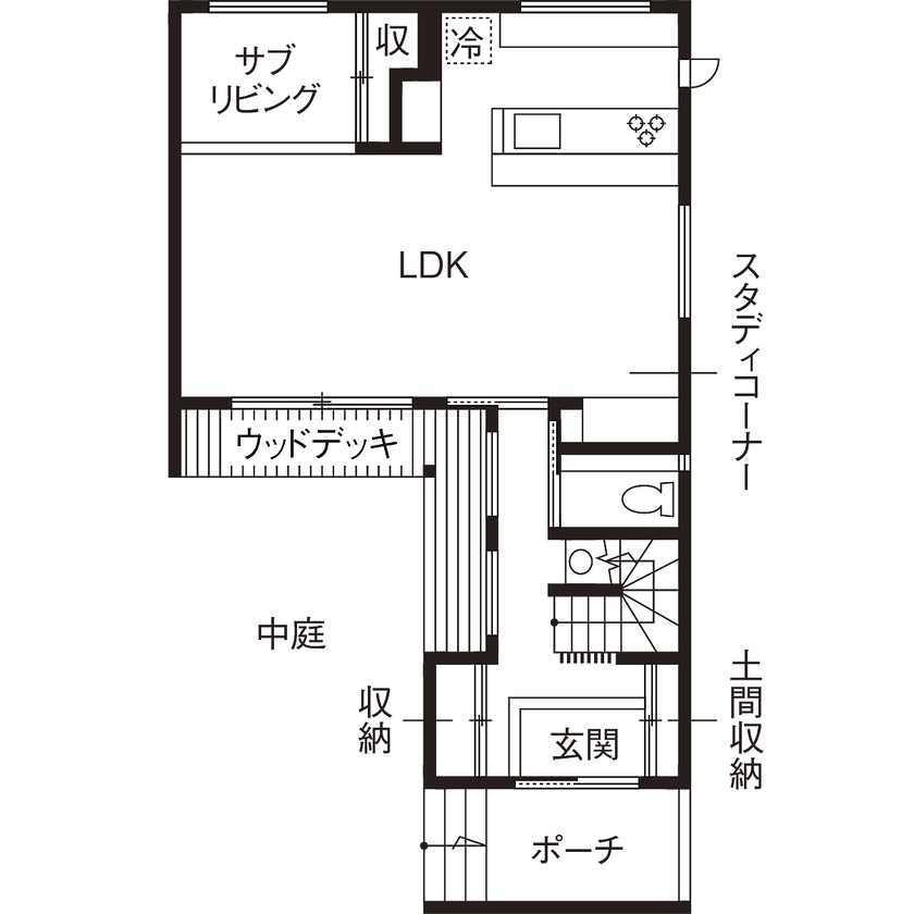 家工房 【2500万円～2999万円／34.6坪／間取り図有】プライバシーを守る中庭を囲む。快適な住空間が家族を囲むの間取り図（3LDK）1階