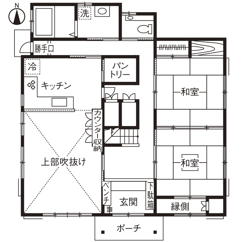 高井工務店 【2階建て/3000万円台/間取り図】和の趣を追求　檜の香る吹抜けや二間続きの和室に憩う和モダンハウスの間取り図（5LDK）1階