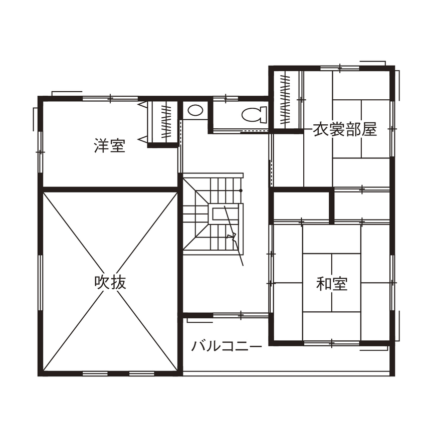 高井工務店 【2階建て/3000万円台/間取り図】和の趣を追求　檜の香る吹抜けや二間続きの和室に憩う和モダンハウスの間取り図（5LDK）2階