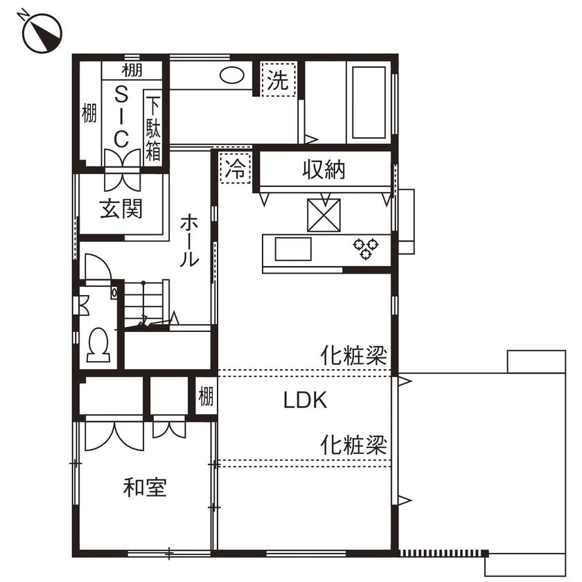 高井工務店 【2000万円台/間取り/ナチュラルモダン/収納】アウトドア好きのオープンデッキ完備　ログハウス風住まいの間取り図（4LDK）1階