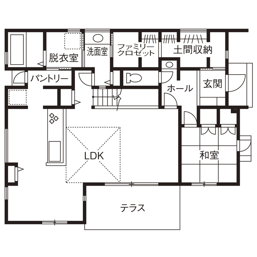 高井工務店 【3000万円台／間取り図有／ランドリールーム】ストレート＆回遊動線で家事をラクに！毎日オシャレが続く家の間取り図（5LDK）1階