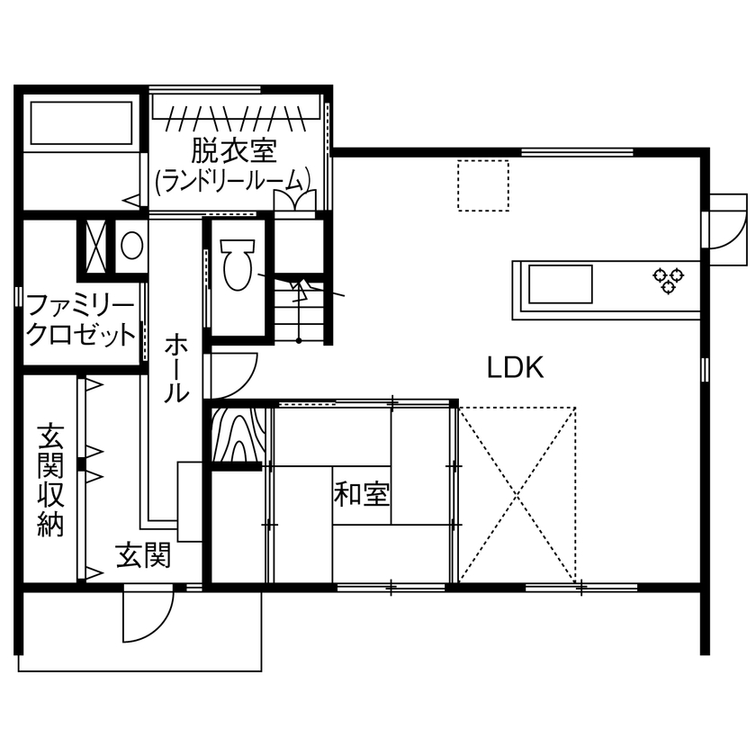 高井工務店 【3000万円台／間取り図有/家事ラク】玄関から続くおかえり動線がポイント！1階で家事が完結する時短ハウスの間取り図（4LDK）1階