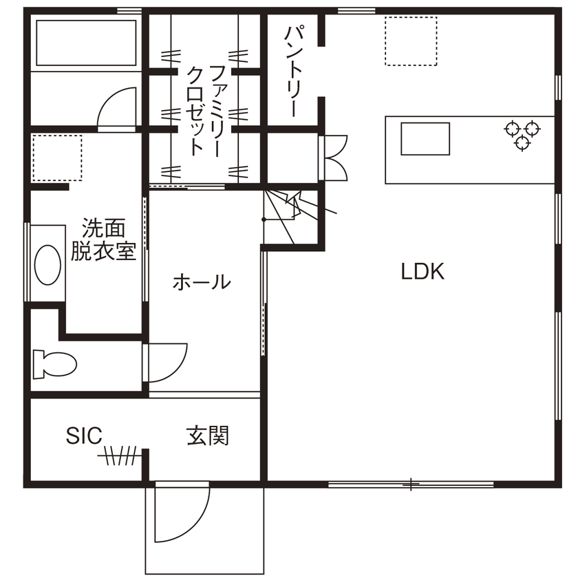 高井工務店 【2000万円台／間取り図有／ファミリークロゼット】子育てライフを快適に！収納＆動線のアイデア満載の家の間取り図（３LDK＋書斎＋FCL）1階