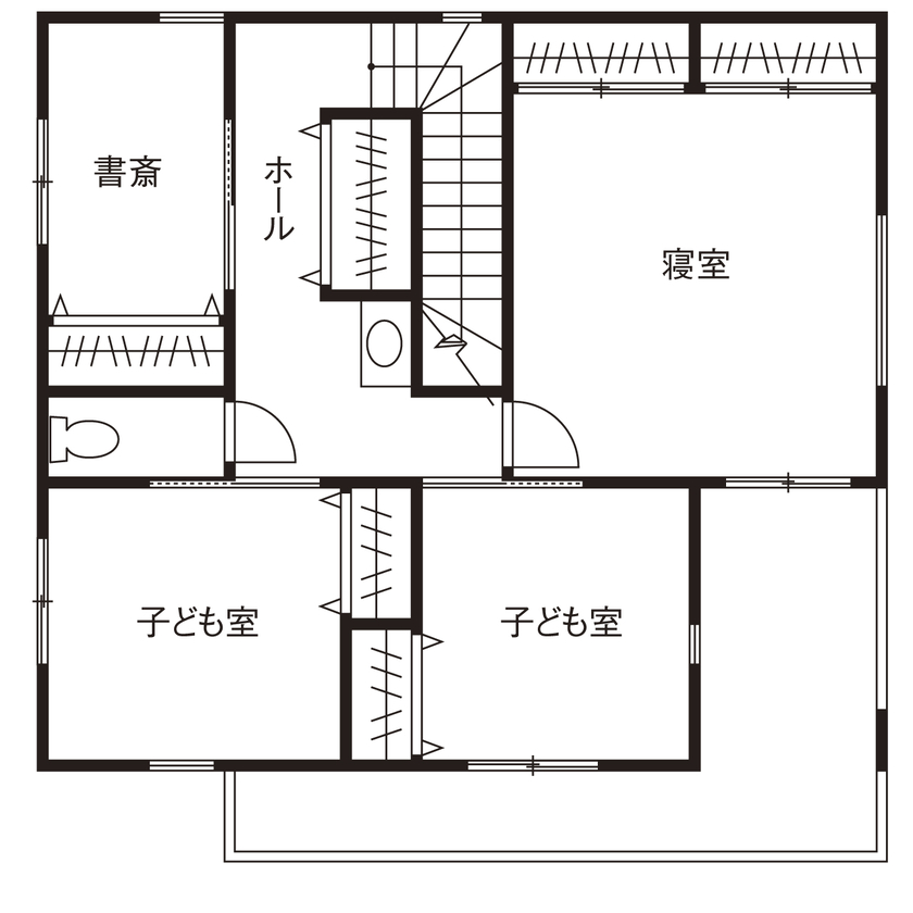 高井工務店 【2000万円台／間取り図有／ファミリークロゼット】子育てライフを快適に！収納＆動線のアイデア満載の家の間取り図（３LDK＋書斎＋FCL）2階