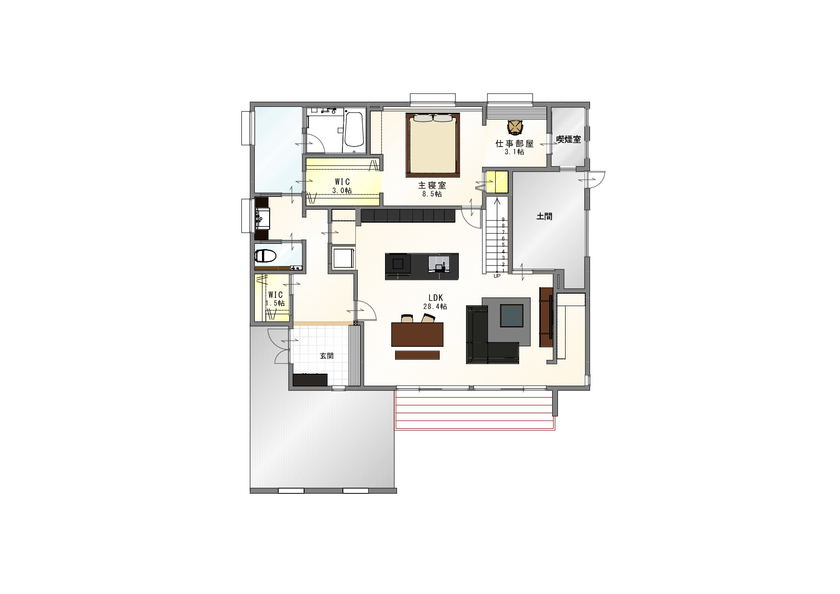 WITHDOM建築設計 【古賀市/間取り図有/２ＬＤＫ/ビルトインガレージ】すべての空間に洗練された質感と癒しを感じる家の間取り図（2LDK）1階