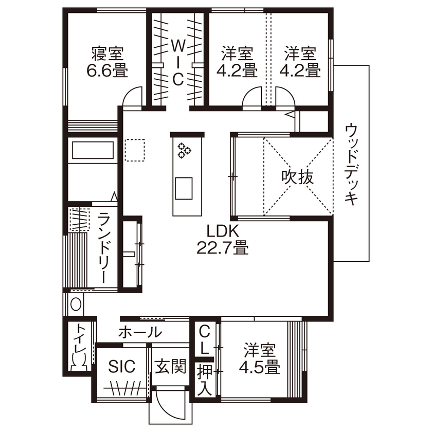 WITHDOM建築設計 【平屋】【古賀市/4LDK/29.4坪/インナーデッキ/間取り図有】アトリエ建築家と建てたコの字型の平屋の間取り図（4LDK）1階