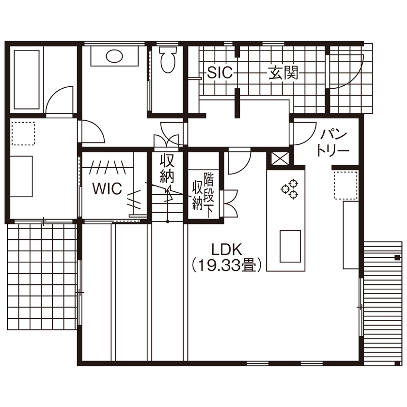 みんなの家 【2041万円／32坪／彦根市】家事動線に配慮したカリフォルニアスタイルのお家の間取り図（3LDK）1階