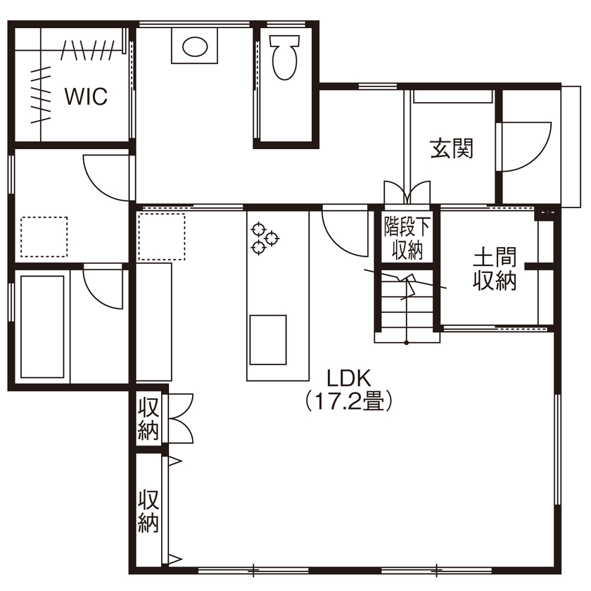 みんなの家 【1914万円／30.3坪／近江八幡市】土間収納からリビングへ直接アクセス！趣味を愉しむお家の間取り図（3LDK）1階