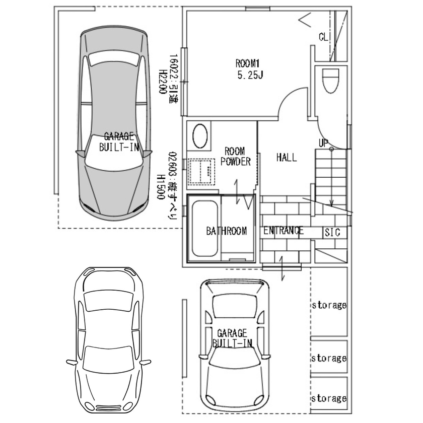 ABI-HAUS（アビハウス） 30坪の土地に3台分の駐車スペースを設けた3階建のガレージハウスの間取り図（3LDK＋WIC）1階