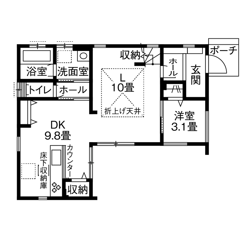 アイフルホーム　仙台・宮城北・石巻・古川 【1950万円・間取有】印象的な外観や板張りの天井、こだわりを盛り込んだ家が完成の間取り図（4LDK）1階