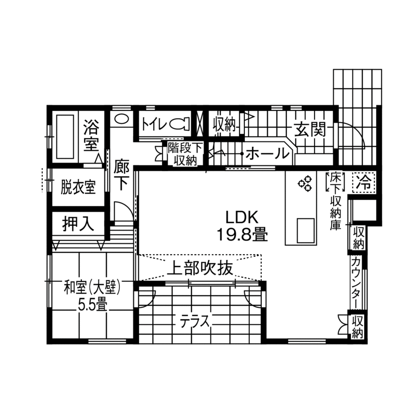 アイフルホーム　仙台・宮城北・石巻・古川 【2500万円・間取有】「こうしたい」を盛り込んだシンプルモダンでお洒落な家の間取り図（4LDK）１階