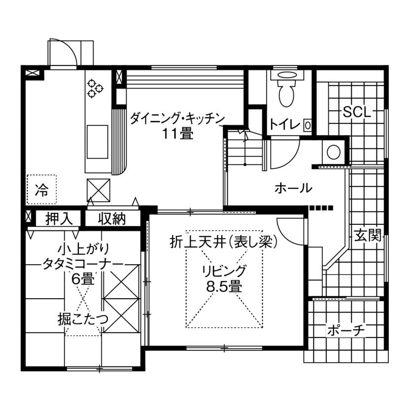 アイフルホーム宮城　東和総合住宅 【2100万円・間取有】黒とシルバーでまとめた個性的な外観。木目調のタイルデッキにも満足の間取り図（3LDK）１階
