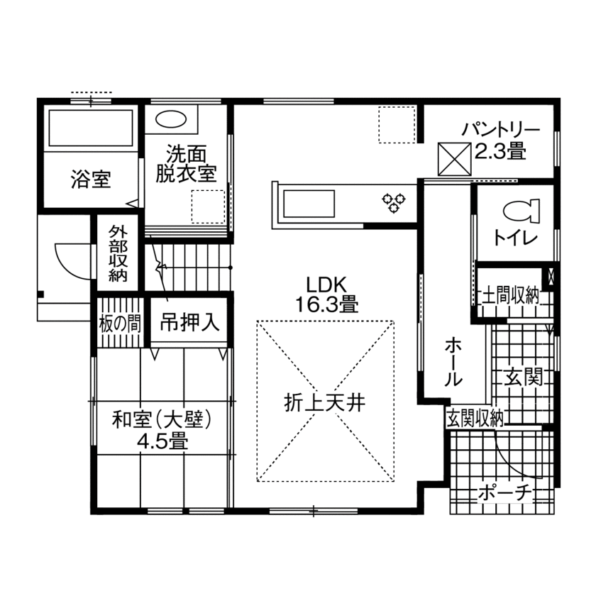 アイフルホーム　仙台・宮城北・石巻・古川 【1800万円・間取有】外観は南欧風、LDKは北欧風のテイストにの間取り図（4LDK）１階