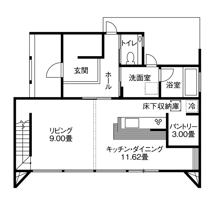 アイフルホーム　仙台・宮城北・石巻・古川 【間取有】美術館のような外観、カフェのようなダイニングなど、唯一無二のこだわりをカタチにした家の間取り図（3LDK）１階