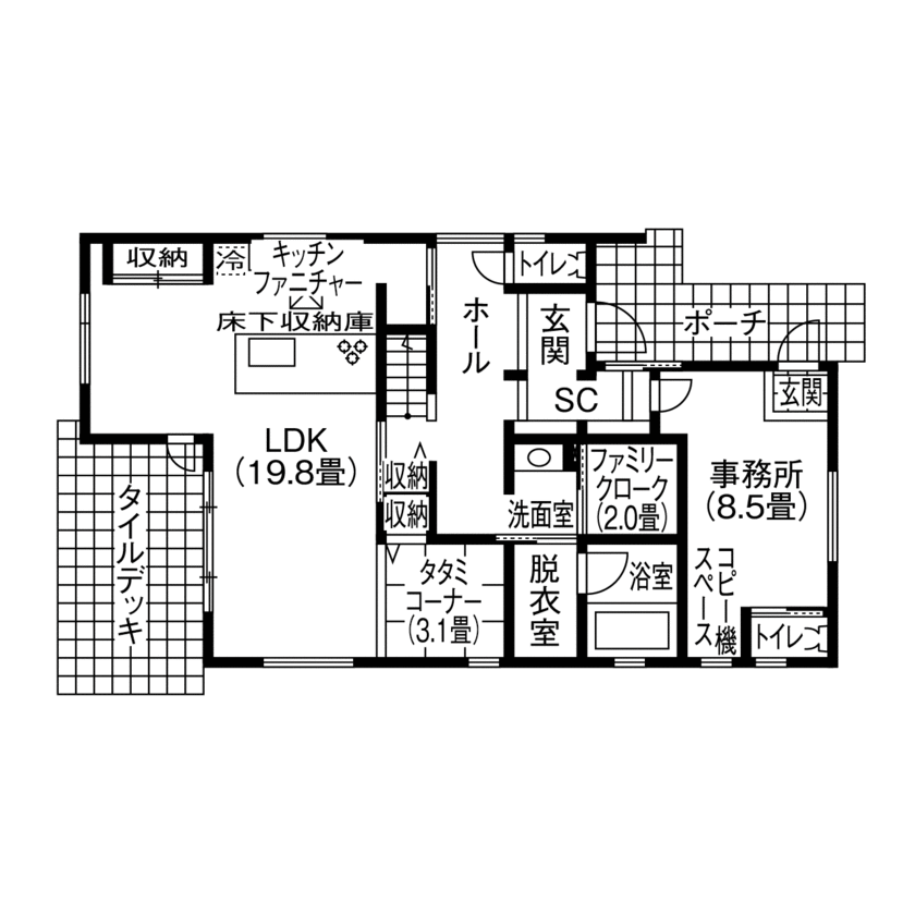 アイフルホーム　仙台・宮城北・石巻・古川 【2500～3000万円・間取り有】ゆとりと開放感、動線を重視したこだわりの住まいに事務所も併設の間取り図（5K以上）１階