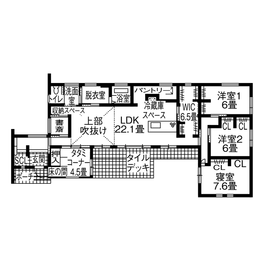 アイフルホーム　仙台・宮城北・石巻・古川 【間取図有】「建てるなら平屋！」を優先して、アウトドアも存分に楽しめる住まいを実現の間取り図（3LDK）１階