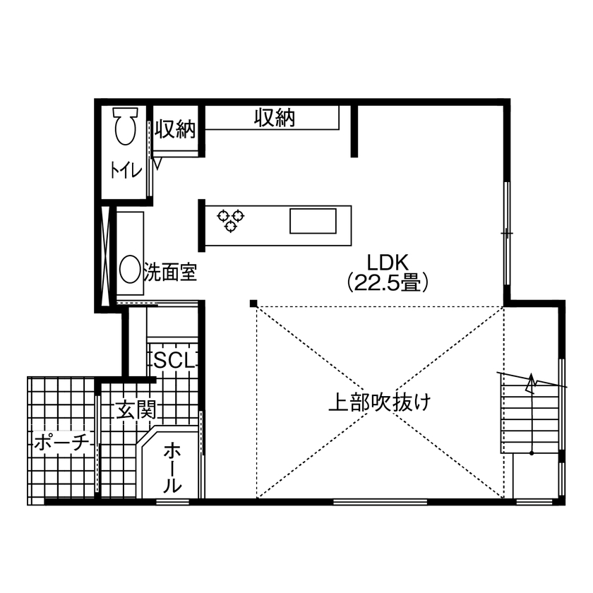 アイフルホーム　仙台・宮城北・石巻・古川 【1500～1999万円・間取図有】周囲の緑を借景にする、開放感あふれる吹抜けのリビングが魅力の間取り図（2LDK）１階