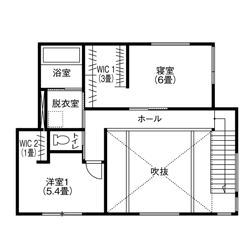 アイフルホーム　仙台・宮城北・石巻・古川 【1500～1999万円・間取図有】周囲の緑を借景にする、開放感あふれる吹抜けのリビングが魅力の間取り図（2LDK）２階