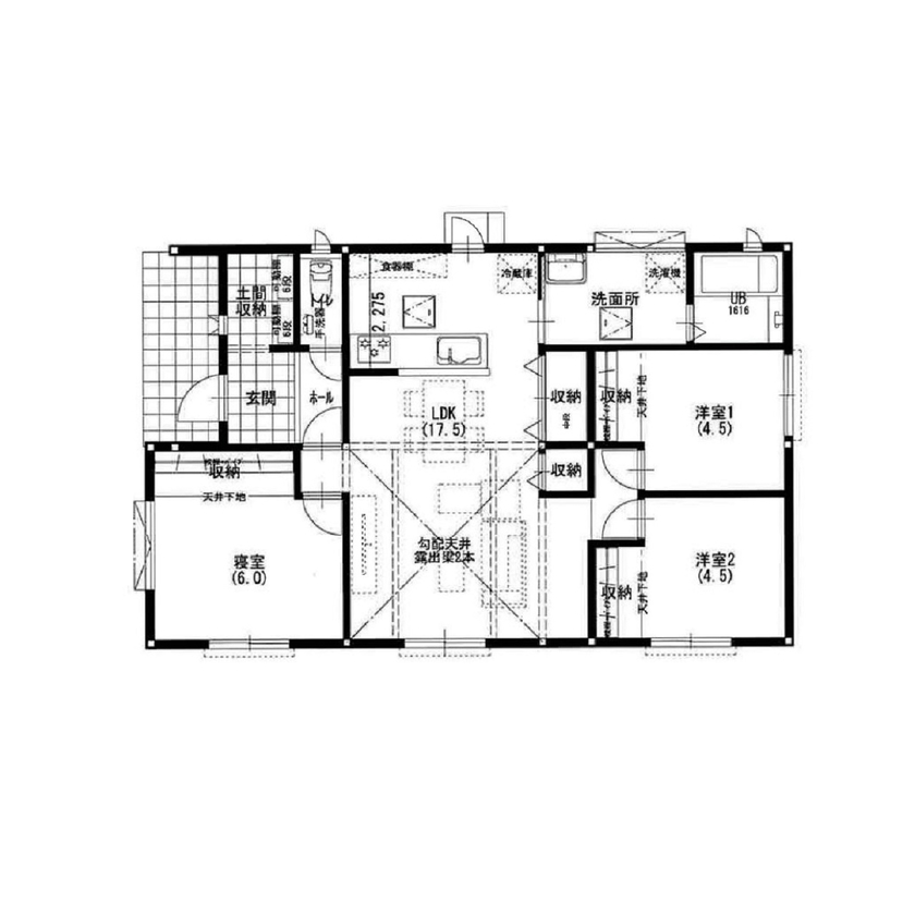 サンエルホーム 【1000万円台/24.5坪/間取り図有】ナチュラルで可愛い勾配天井のある平屋の間取り図（3LDK）1階