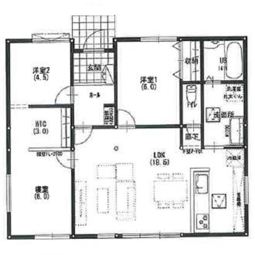 サンエルホーム 【1300万円/24.5坪/間取り図有】白い壁と木の質感を感じられる玄関ドアの平屋の間取り図（3LDK）1階