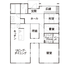 三交ホーム 【平屋×坪庭】子育て後の夫婦２人の暮らしに寄り添う、和×アジアンな平屋の住まいの間取り図（2LDK）1階