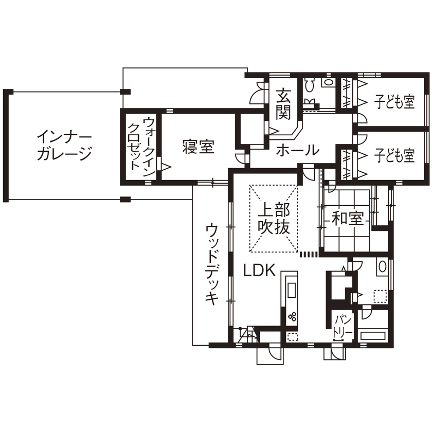 三交ホーム 【3000万円台｜L字型平屋×インナーガレージ｜間取り有】風情ある街並みに映える大迫力の和モダン邸宅の間取り図（4LDK＋ロフト＋小屋裏）1階
