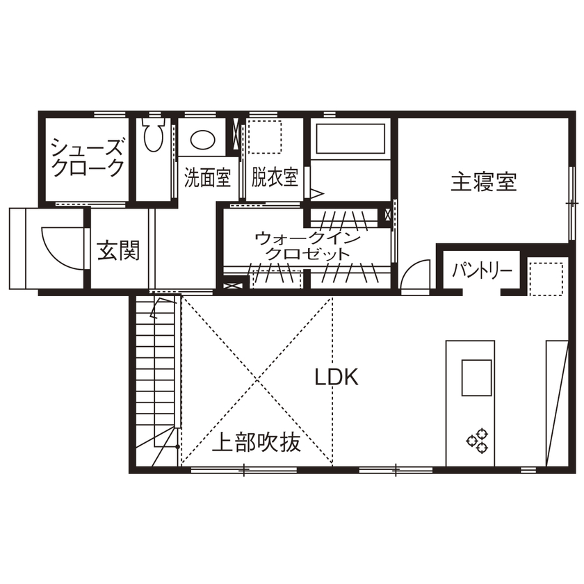 三交ホーム 【33坪｜間取り有】２階建てなのに平屋みたいで暮らしやすい！シンプルでかっこいい家事ラクな家の間取り図（3LDK）1階