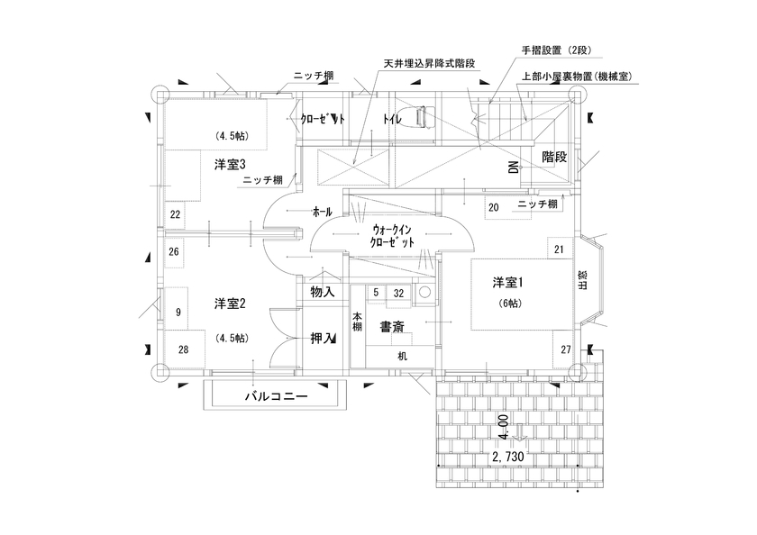 寿工務店 狭小地に建てる全館空調と無垢の家の間取り図（4LDK＋小屋裏収納）2階