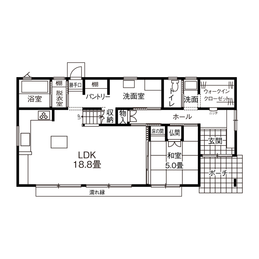 寿工務店 無垢材+自然素材で「ちょい田舎暮らし」を楽しむ、心と身体にやさしいお家の間取り図（3LDK）1階