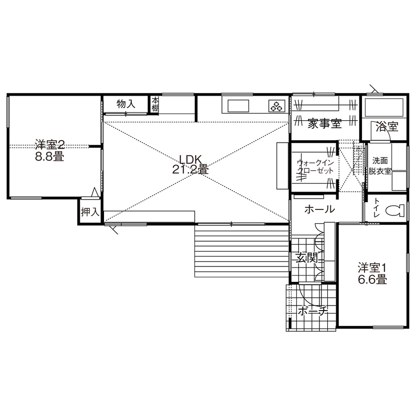 寿工務店 【平屋+小屋裏】家づくりを知りつくす夫妻が建てた、表情豊かで美しい山口県の平屋の住まいの間取り図（2LDK-小屋裏）1階