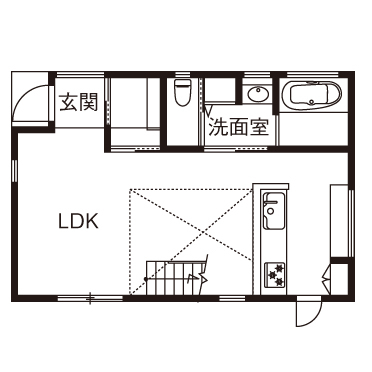 三心 【1700万円/吹き抜け/1LDK/間取り図】明るく開放的なリビングが中心の家。予算内でも自由度の高い注文住宅の間取り図（1LDK）1階