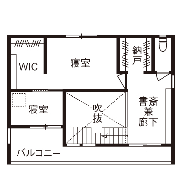 三心 【1700万円/吹き抜け/1LDK/間取り図】明るく開放的なリビングが中心の家。予算内でも自由度の高い注文住宅の間取り図（1LDK）2階