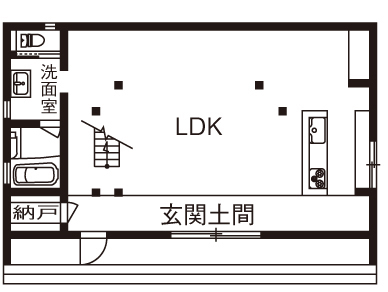 三心 【2000万円台/吹き抜け/玄関土間/収納/間取り図】家族が自然と顔を合わせる開放的な大空間LDKの注文住宅の間取り図（2LDK）１階