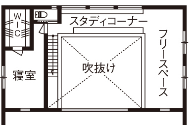 三心 【2000万円台/吹き抜け/玄関土間/収納/間取り図】家族が自然と顔を合わせる開放的な大空間LDKの注文住宅の間取り図（2LDK）2階