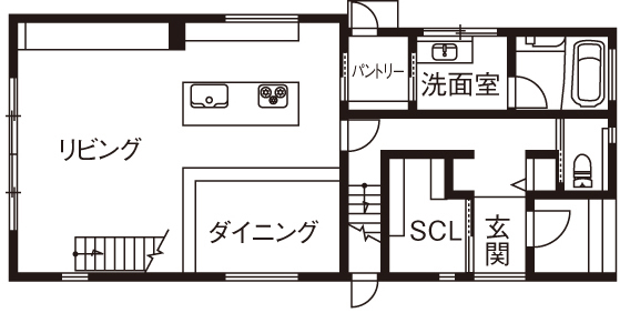三心 【2000万円台/吹き抜け/間口5ｍ/間取り図】自由でデザイン性あふれる設計。開放的なスキップフロアのある家の間取り図（4LDK）１階