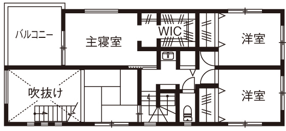 三心 【2000万円台/吹き抜け/間口5ｍ/間取り図】自由でデザイン性あふれる設計。開放的なスキップフロアのある家の間取り図（4LDK）2階
