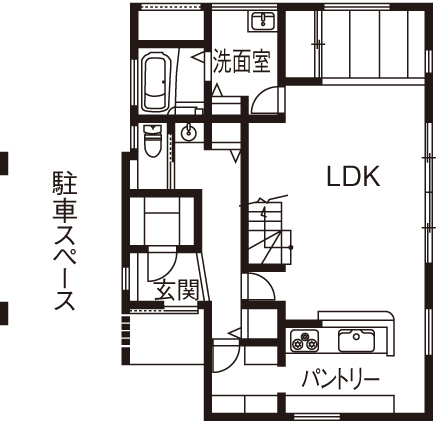 三心 【2000万円台/空中廊下/ウッドデッキ/造作/間取り図】変化のある景色を楽しむ明るい吹き抜け大空間LDKの家の間取り図（5K以上）1階