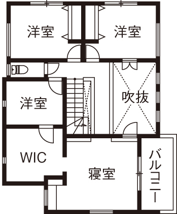 三心 【2000万円台/空中廊下/ウッドデッキ/造作/間取り図】変化のある景色を楽しむ明るい吹き抜け大空間LDKの家の間取り図（5K以上）2階
