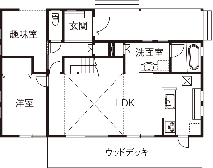三心 【2000万円台/吹き抜け/傾斜地/間取り図】見晴らしのいいウッドデッキ×本格的アメリカンビンテージハウスの間取り図（5LDK）1階