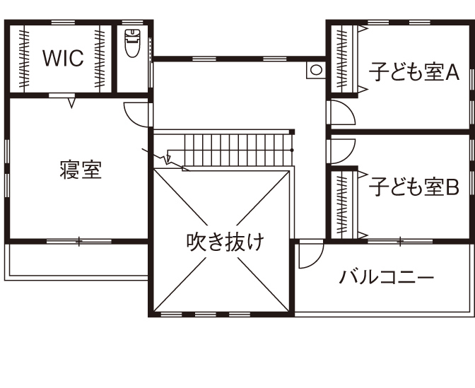 三心 【2000万円台/吹き抜け/傾斜地/間取り図】見晴らしのいいウッドデッキ×本格的アメリカンビンテージハウスの間取り図（5LDK）2階