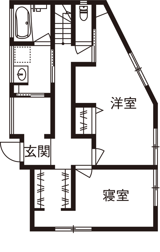 三心 【1900万円/変形地/高低差/サーファーズハウス/間取り図】開放的な吹き抜け空間のカリフォルニア内装な家の間取り図（3LDK）1階